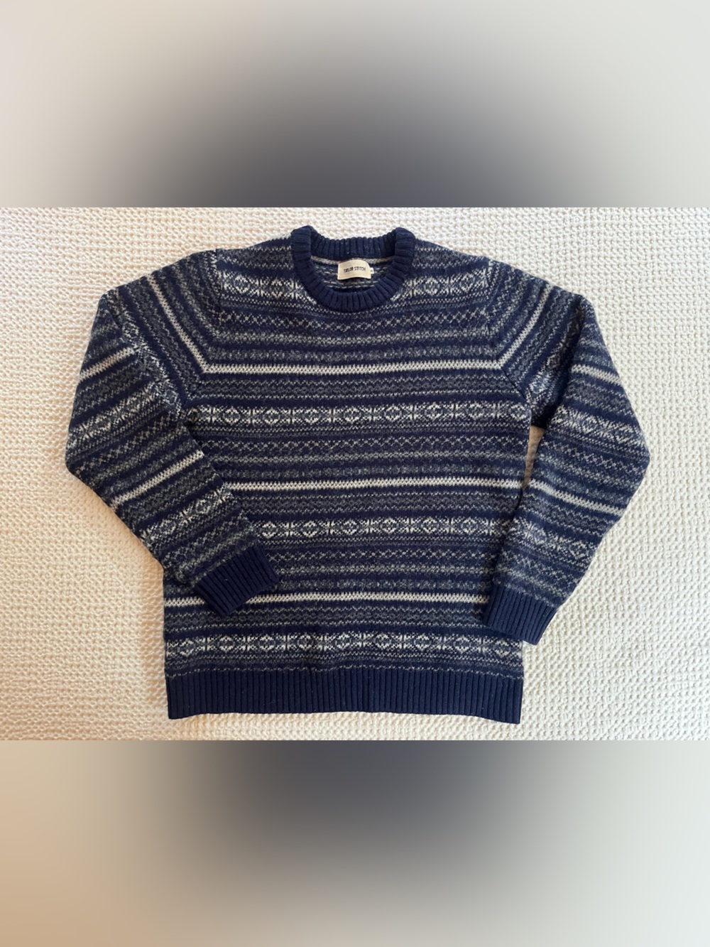 Taylor Stitch eastmoor Navy and Light Gray Fair Isle Crewneck Sweater